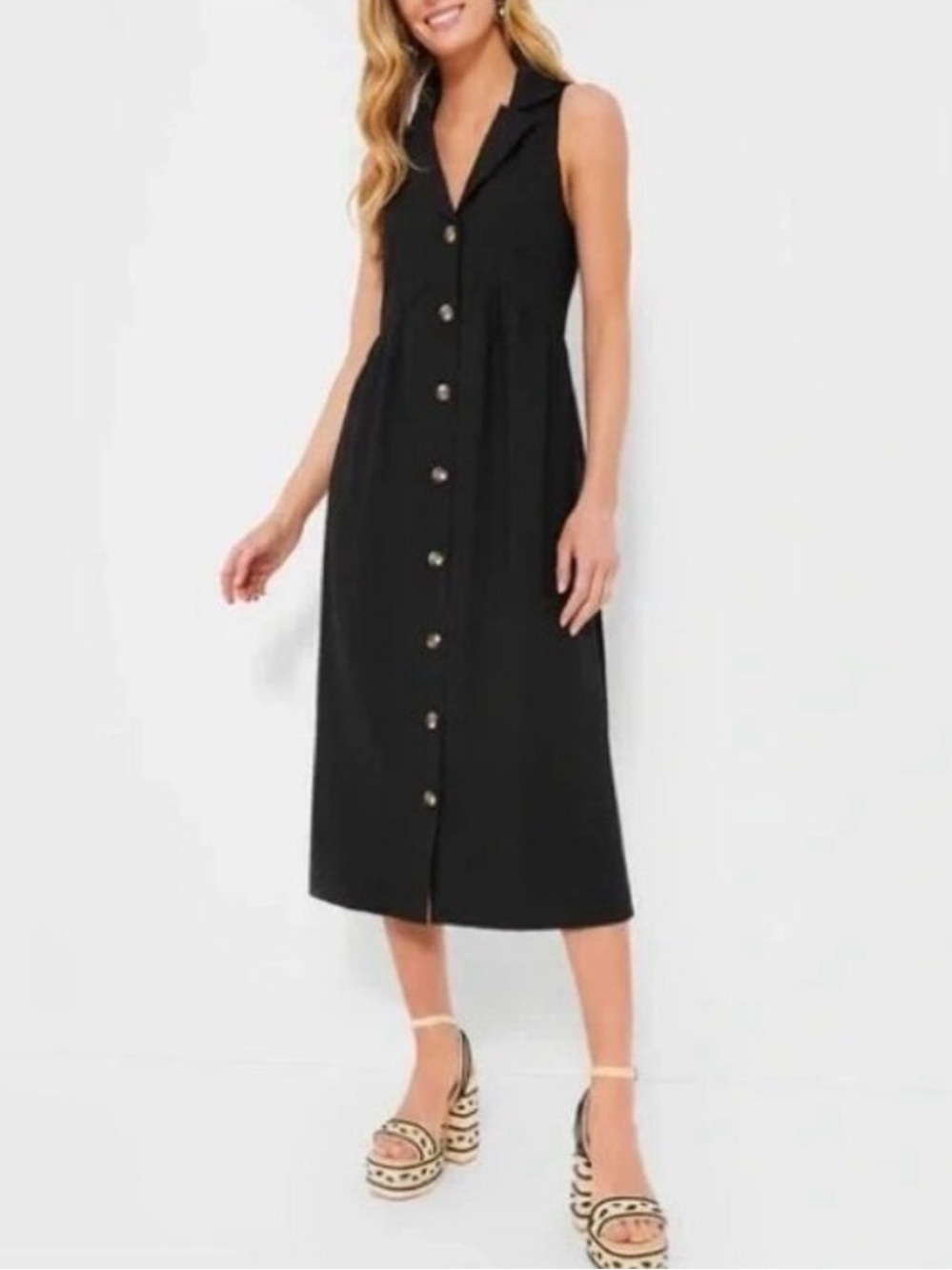 Pomander Place by Tuckernuck Black Jules Midi Dress sz L Button Down Sleeveless